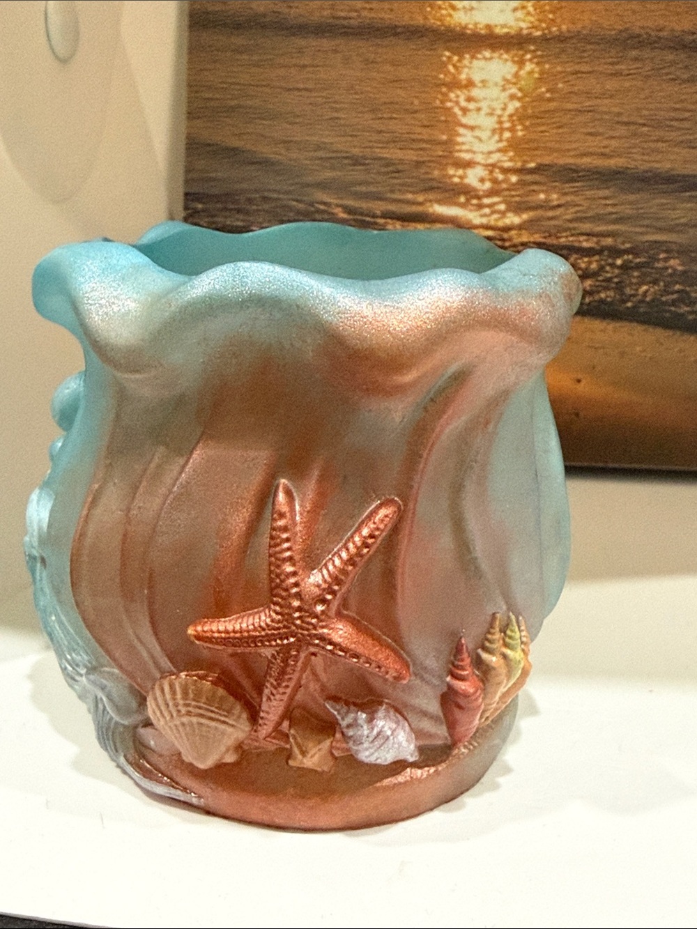 Resin Seashell Accent Vase - Turquoise and Copper Beach Motif
